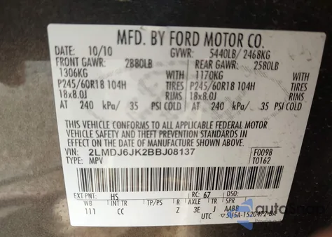 2011 Lincoln Mkx from USA, damaged, VIN 2LMDJ6JK2BBJ08137